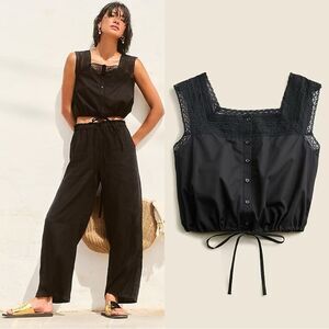 NWT J CREW Lace-trim cropped top in black